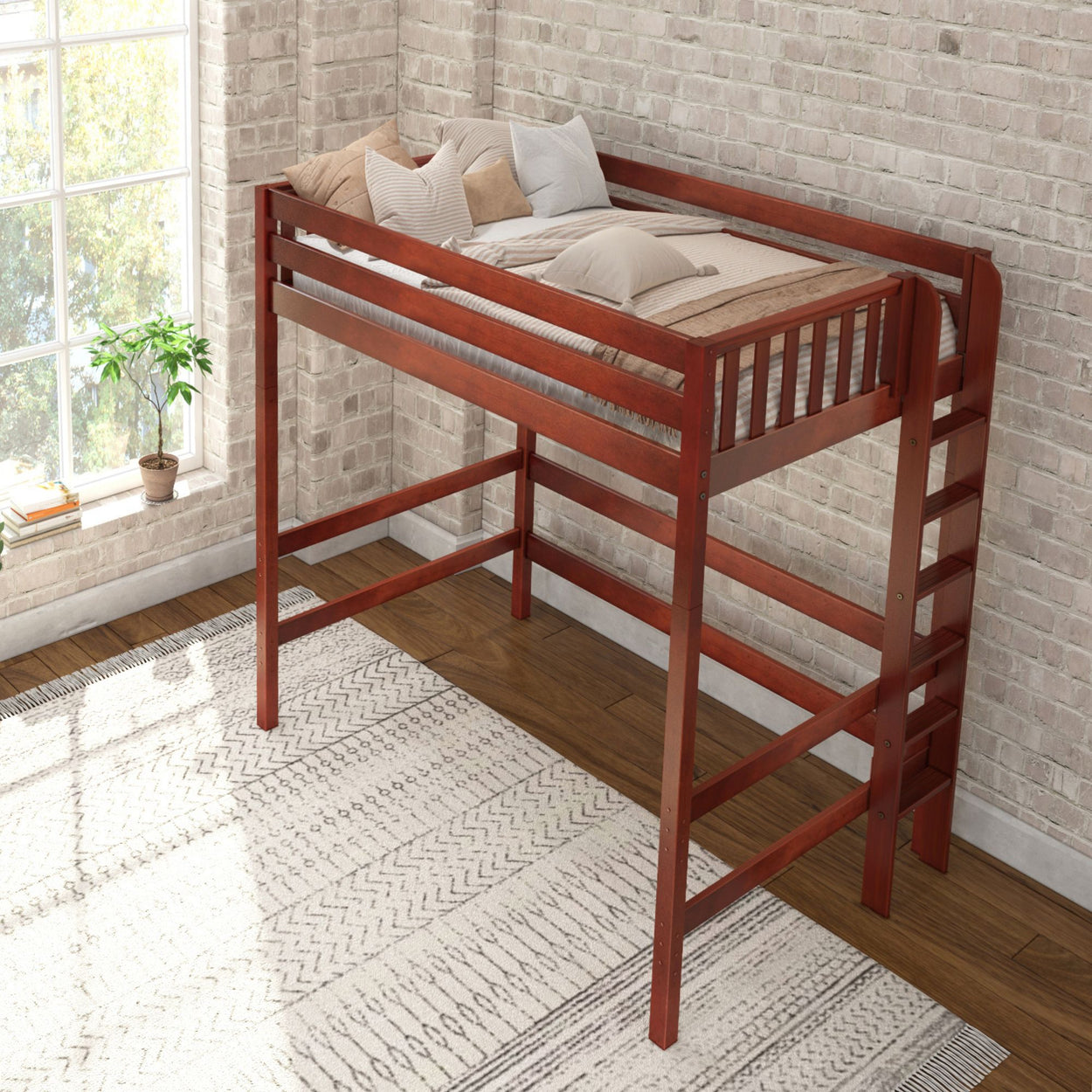 Loft bed with ladder in modern bedroom, featuring natural wood finish and cozy decor elements.