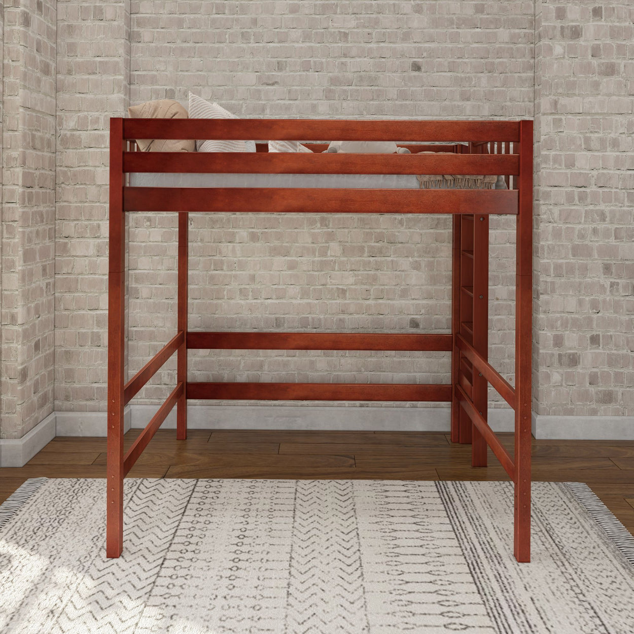 Loft bed frame with wooden finish against a brick wall in a modern bedroom setting.