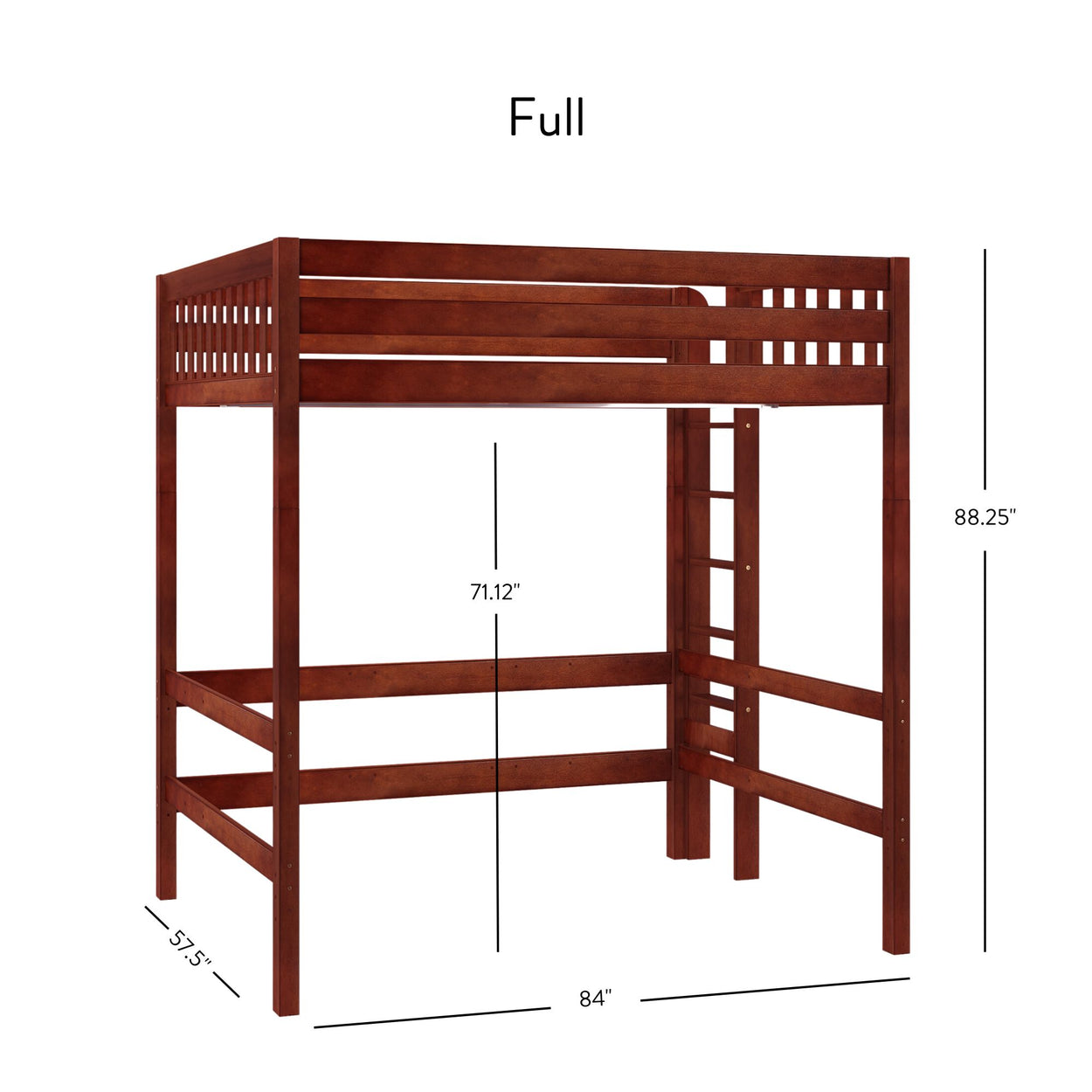 Full-sized wooden loft bed with ladder and dimensions displayed: 88.25 inches high, 84 inches long, 57.5 inches wide, 71.12 inches to bed base.