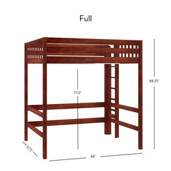 Full-sized wooden loft bed with ladder and dimensions displayed: 88.25 inches high, 84 inches long, 57.5 inches wide, 71.12 inches to bed base.