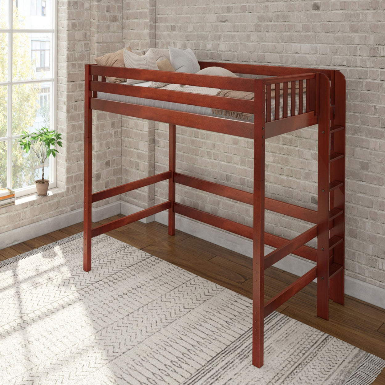 Wooden loft bed with ladder in modern bedroom with brick wall and natural light.