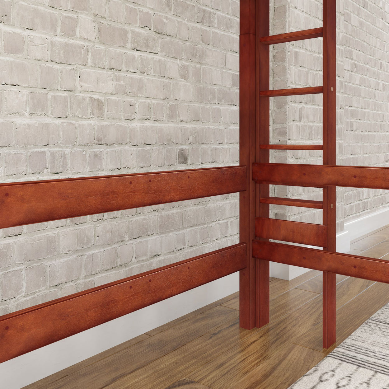Wooden loft bed frame with ladder against a brick wall on hardwood floor.
