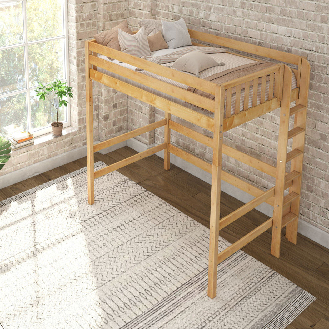 Wooden loft bed with ladder in modern bedroom featuring brick wall and large window.