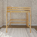 Solid natural wood loft bed with railing, neutral striped pillows and throw, patterned area rug and exposed brick wall in modern industrial bedroom