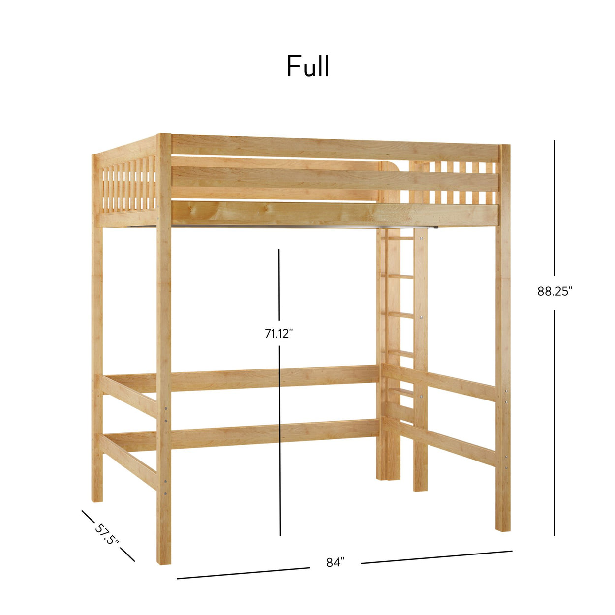 Full-size loft bed with dimensions; natural wood frame, space-saving design.