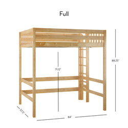 Full-size loft bed with dimensions; natural wood frame, space-saving design.