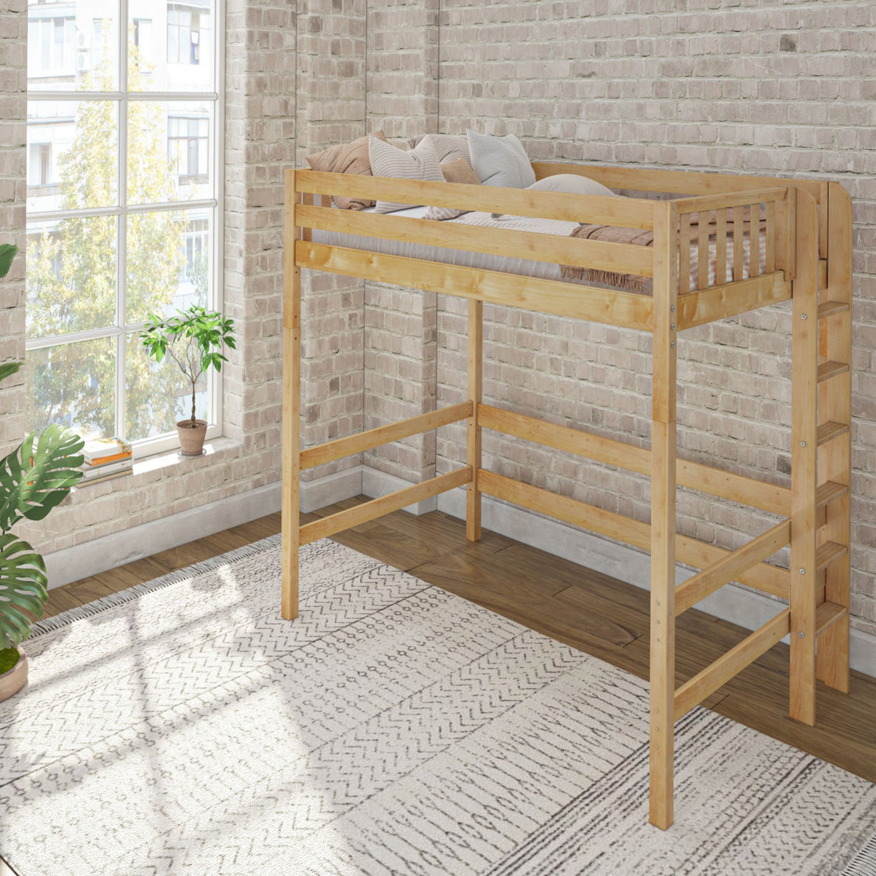 Wooden loft bed in a modern bedroom with brick walls and natural light.