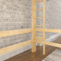 Light wood loft bed frame against a whitewashed brick accent wall in a modern industrial bedroom with hardwood floor