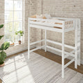 White wooden loft bed in a bright industrial-style bedroom with exposed brick wall, large window, neutral beige pillows, potted plants and patterned area rug