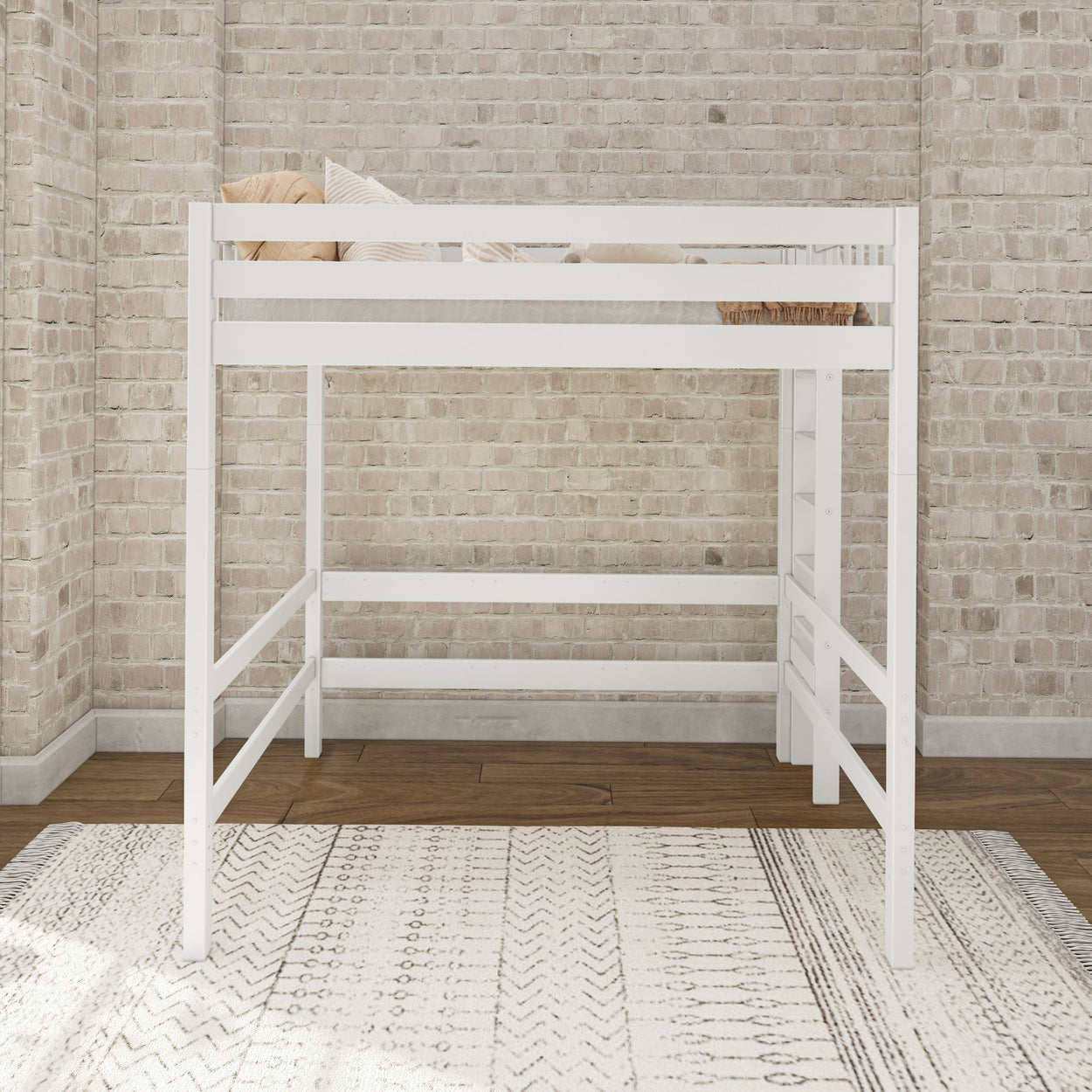 White loft bed in modern bedroom with brick wall and patterned rug.