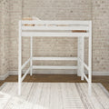 White wooden loft bed with ladder, neutral beige pillows, patterned rug and exposed brick wall in modern kids' bedroom