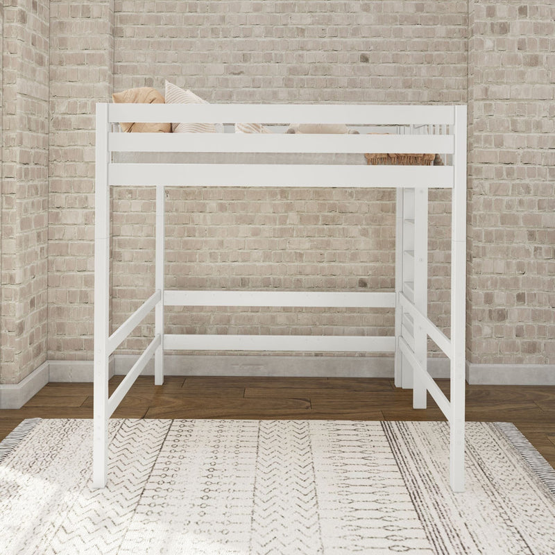 White wooden loft bed with ladder, neutral beige pillows, patterned rug and exposed brick wall in modern kids' bedroom