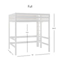 White wooden full-size loft bed with guardrails and integrated ladder, product diagram showing dimensions 84 in × 57.5 in × 88.25 in