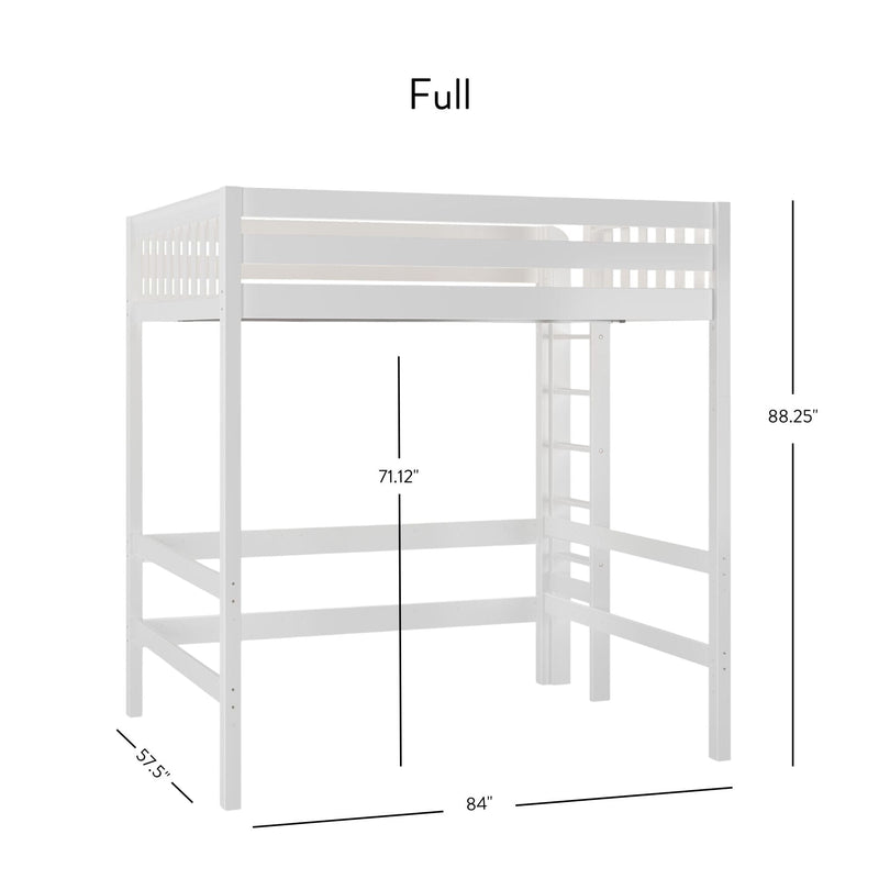 White wooden full-size loft bed with guardrails and integrated ladder, product diagram showing dimensions 84 in × 57.5 in × 88.25 in