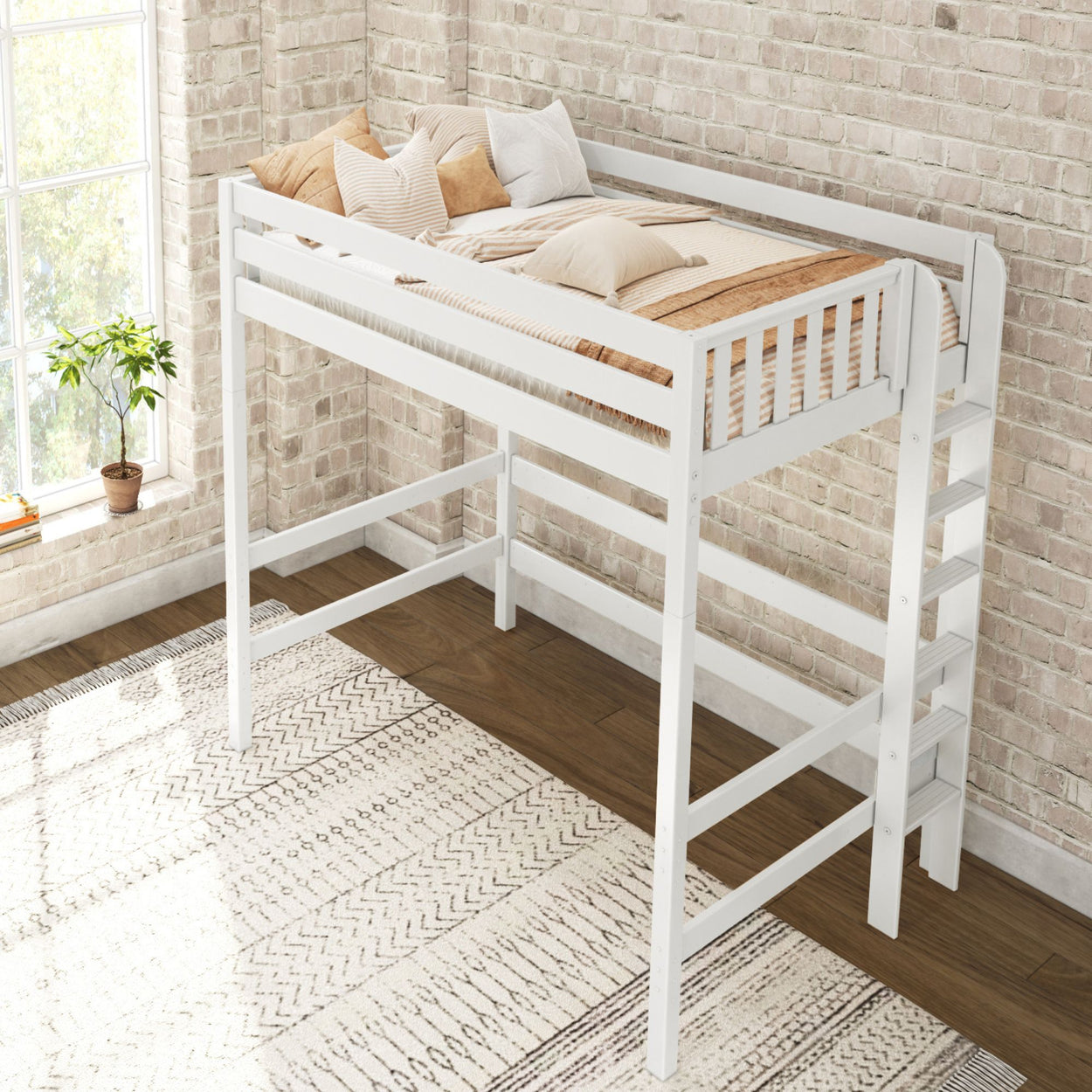 White wooden loft bed with comfortable bedding in a bright, modern bedroom.