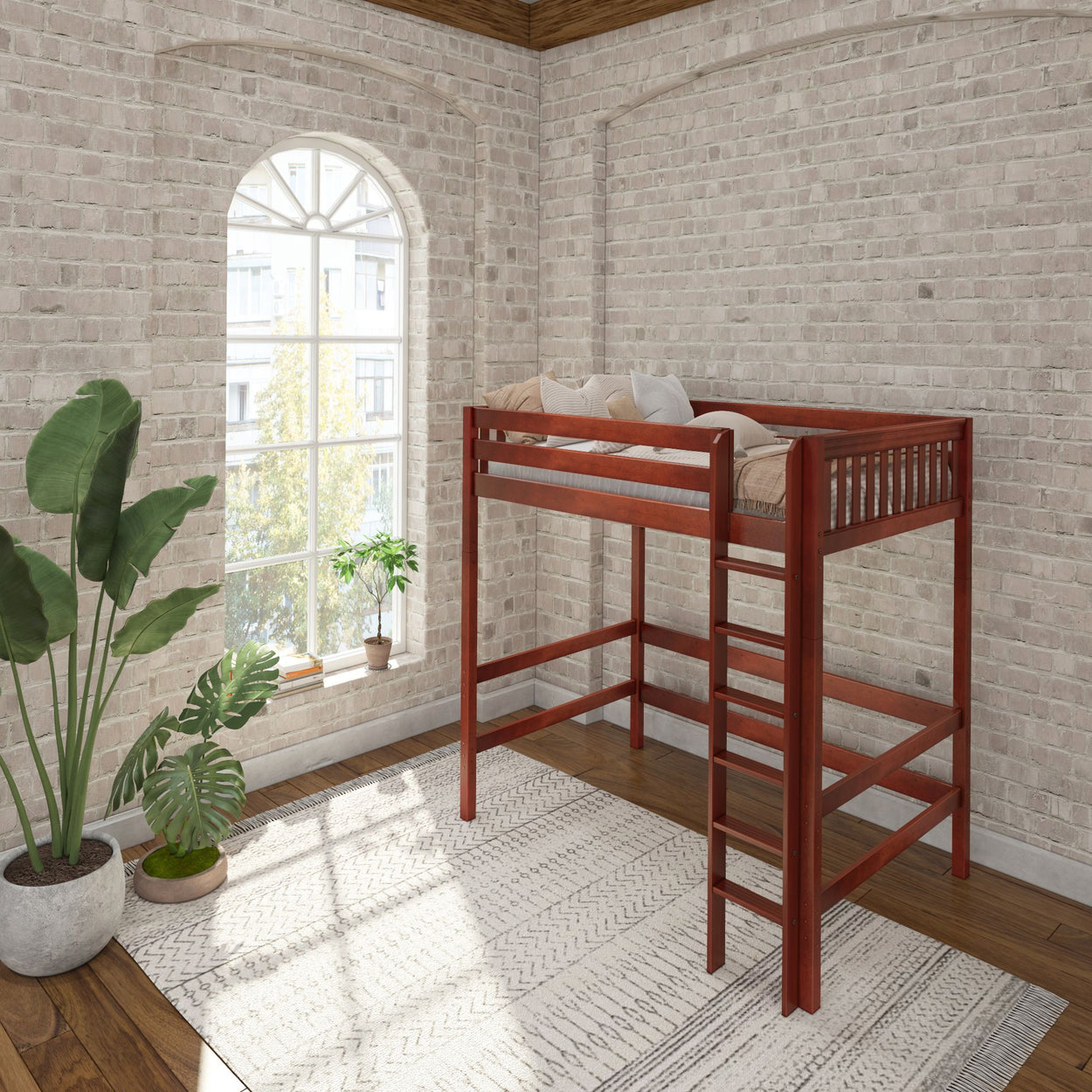Loft bed in modern room with brick walls, indoor plants, and large arched window.