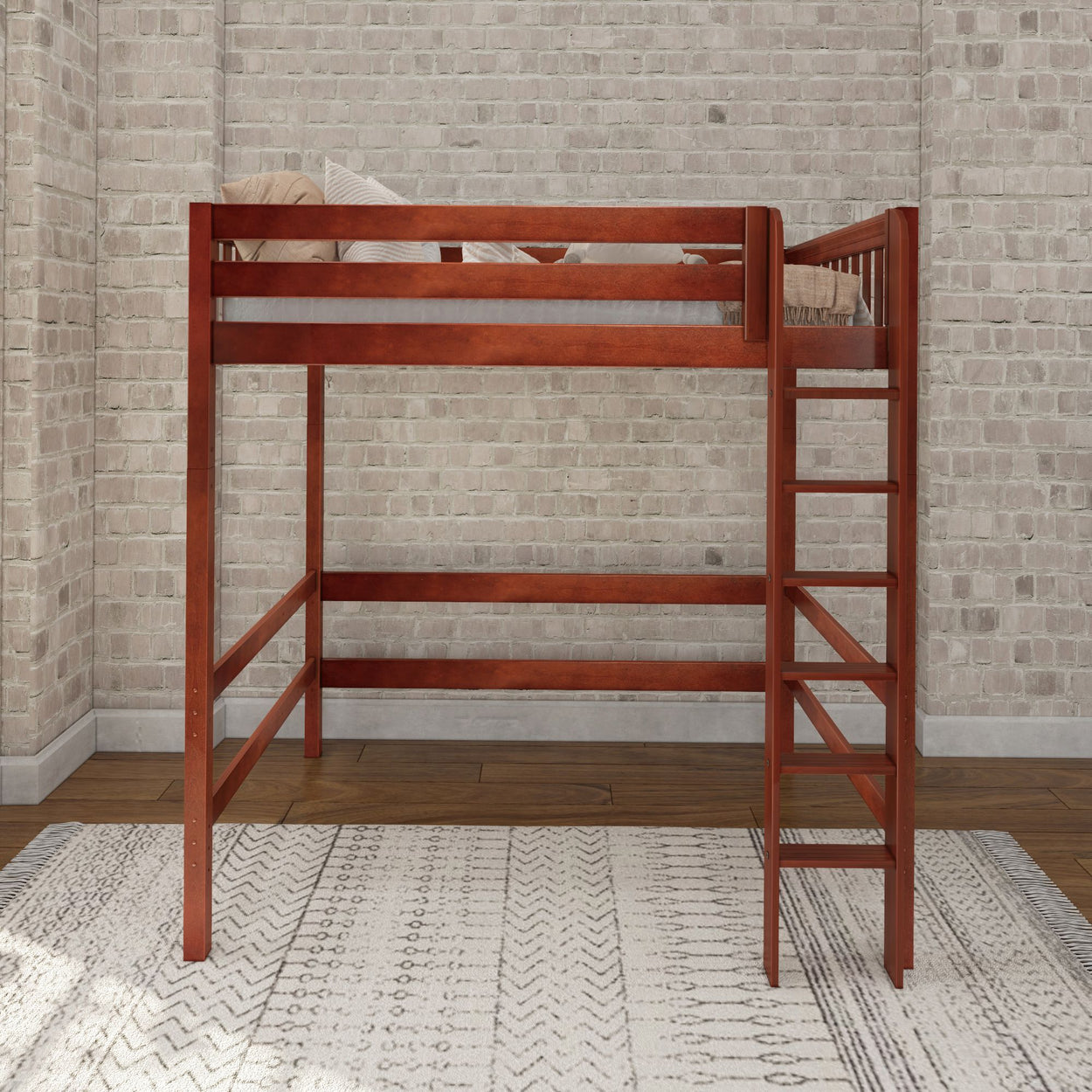 Loft bed with wooden frame and ladder against a brick wall background in a modern bedroom setup.