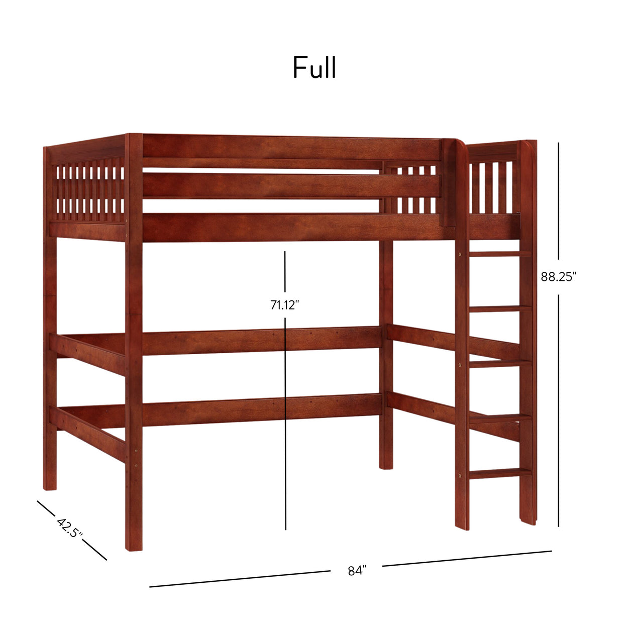 Full-size wooden loft bed frame with ladder, featuring dimensions and slatted design.