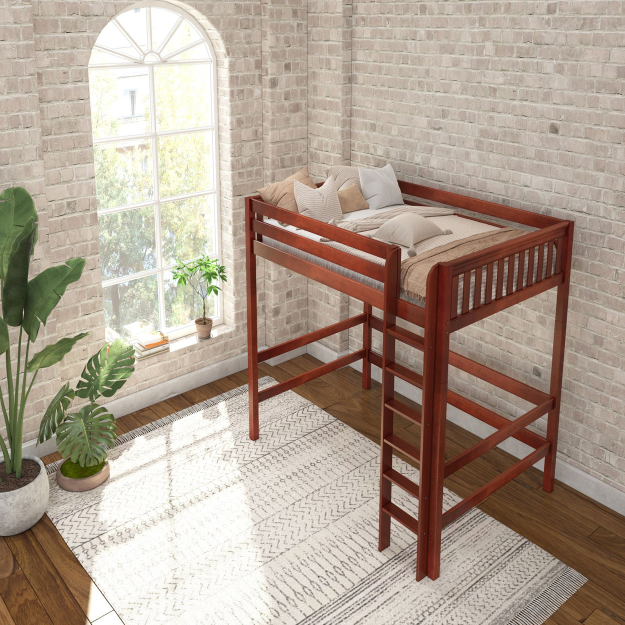 Loft bed with wooden frame in cozy bedroom setting, featuring brick walls, arched window, and potted plants.