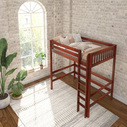 Loft bed with wooden frame in cozy bedroom setting, featuring brick walls, arched window, and potted plants.