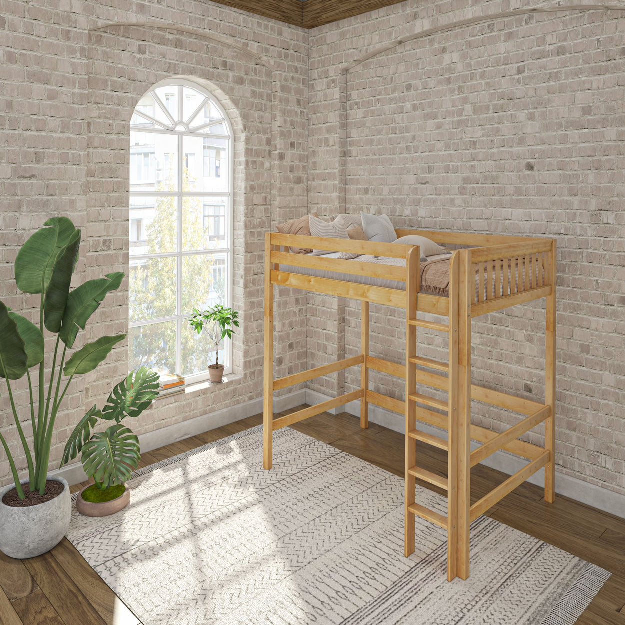 Loft bed in a modern bedroom with brick walls, a large window, and decorative plants.