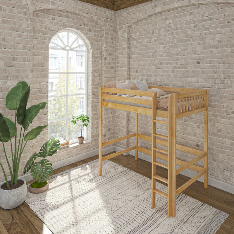 Cozy loft bedroom with wooden loft bed, whitewashed exposed brick wall, arched window flooding natural light, potted indoor plants and textured area rug