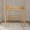 Natural wood loft bed with ladder, neutral pillows and throw against an exposed light brick wall over a patterned area rug