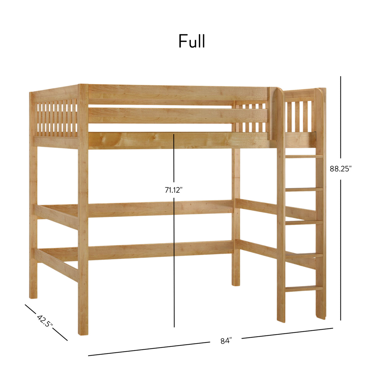 Full-size wooden loft bed with ladder and dimensions: height 71.12 inches, length 84 inches, width 42.5 inches, and side height 88.25 inches.