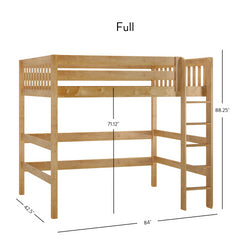 Full-size wooden loft bed with ladder and dimensions: height 71.12 inches, length 84 inches, width 42.5 inches, and side height 88.25 inches.