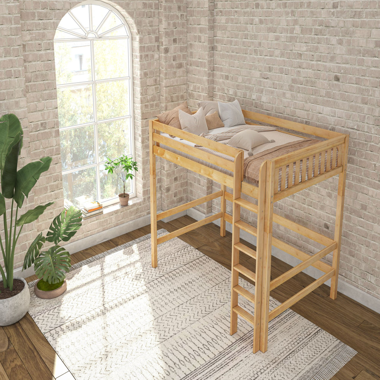 Loft bed in cozy bedroom with brick wall, large window, and indoor plants.