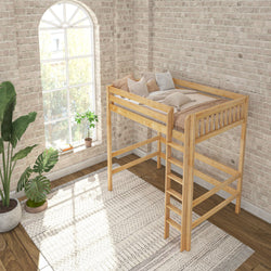 Loft bed in cozy bedroom with brick wall, large window, and indoor plants.