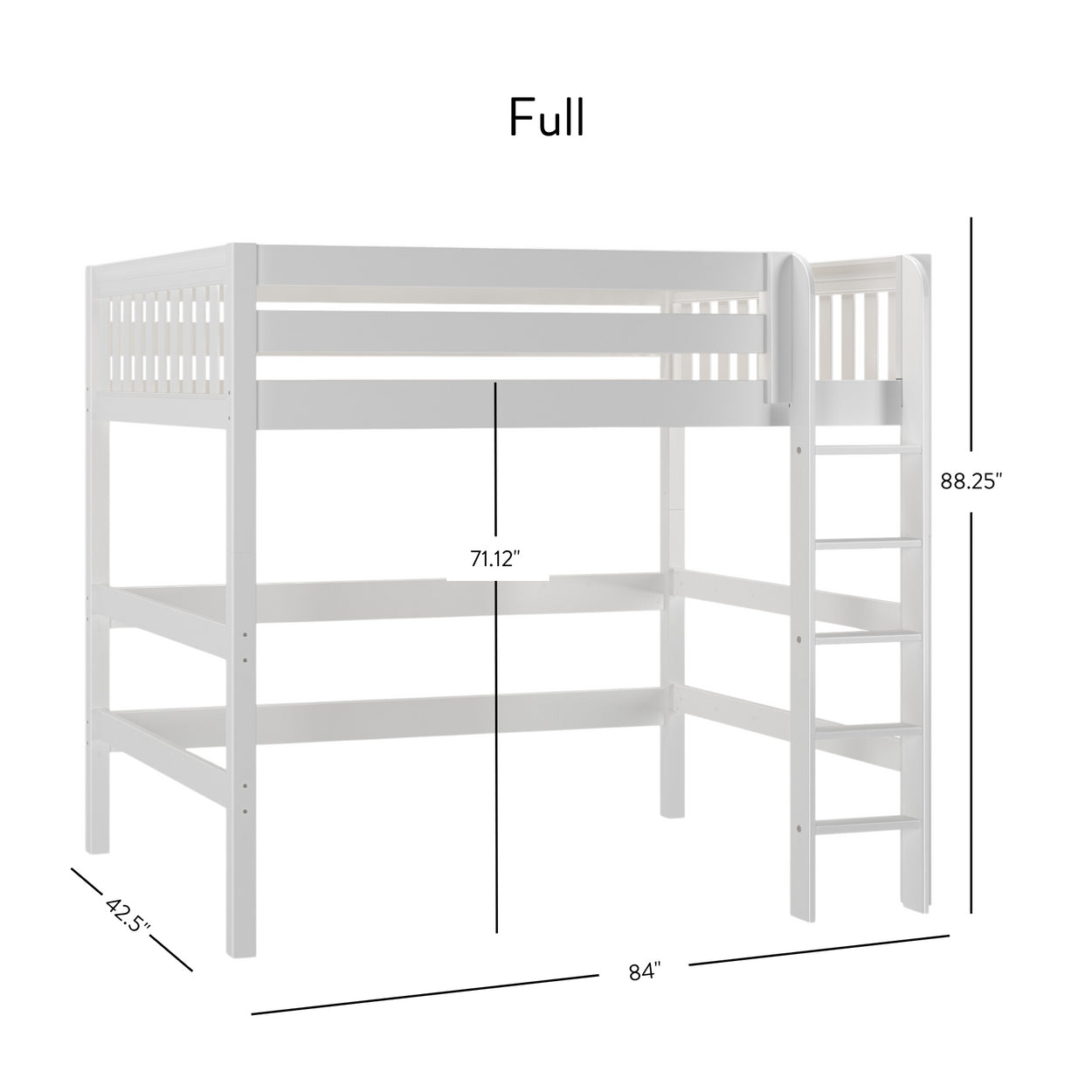 Full-size white loft bed with ladder and dimensions, including height 71.12 inches and length 84 inches.