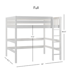 Full-size white loft bed with ladder and dimensions, including height 71.12 inches and length 84 inches.