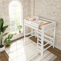 Bright loft bedroom with white loft bed, beige bedding, exposed whitewashed brick wall, arched window and potted indoor plants