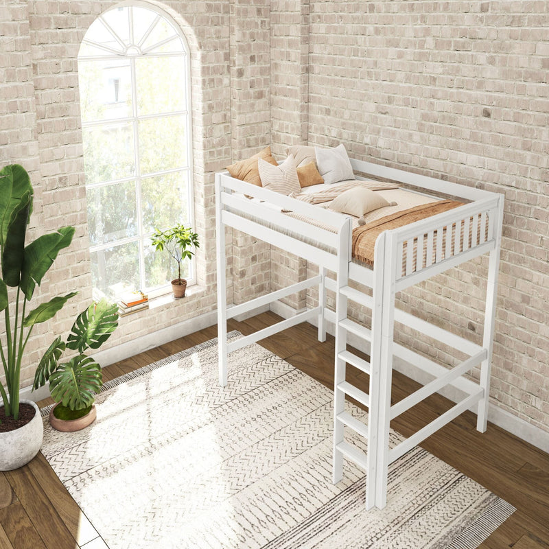 Bright loft bedroom with white loft bed, beige bedding, exposed whitewashed brick wall, arched window and potted indoor plants