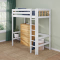 White loft bed with ladder and under-bed wooden dresser, blue bedding, green curtains and woven storage basket in a modern kids' bedroom
