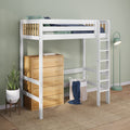 White wooden loft bed with ladder and under-dresser storage, blue-green bedding, wicker laundry basket, potted snake plant and mint floor lamp against pale green wall