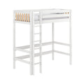 White wooden loft bed with ladder and safety rails, natural wood slat accents — space‑saving kids' loft bed frame for small bedrooms