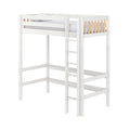White loft bed with ladder and safety rails, natural wood slats; high-sleeper bed frame for kids in modern minimalist style