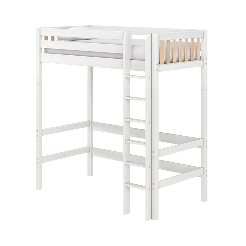 White loft bed with ladder and safety rails, natural wood slats; high-sleeper bed frame for kids in modern minimalist style