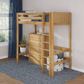 Solid wood loft bed with built-in drawers and ladder in a kids' bedroom, natural maple finish, navy curtains, indoor plant and blue rug