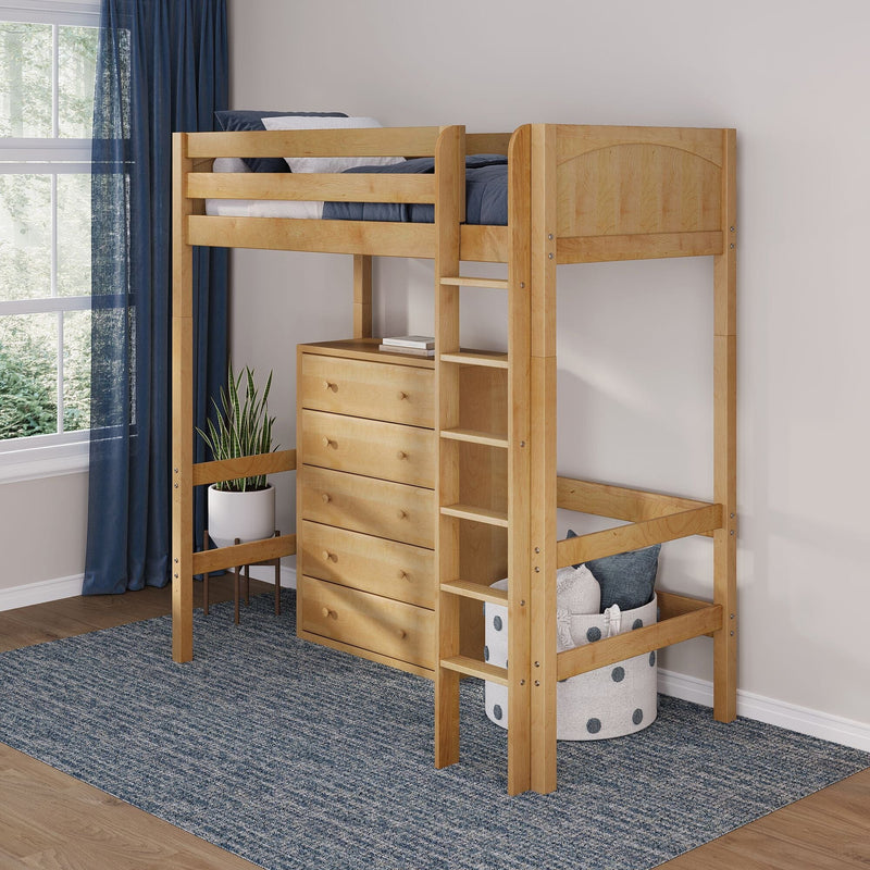 Solid wood loft bed with built-in drawers and ladder in a kids' bedroom, natural maple finish, navy curtains, indoor plant and blue rug
