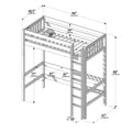 Wooden twin loft bed assembly diagram with ladder, built-in guardrails and slatted mattress support, labeled dimensions 84" (213 cm) length, 42.5" (108 cm) width and 88" (224 cm) height