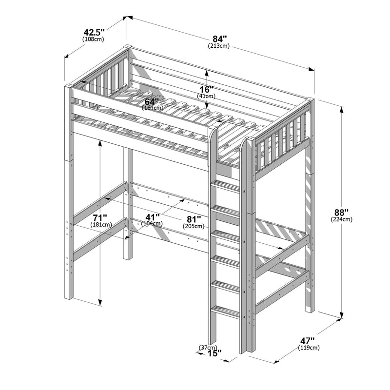 Wooden twin loft bed assembly diagram with ladder, built-in guardrails and slatted mattress support, labeled dimensions 84" (213 cm) length, 42.5" (108 cm) width and 88" (224 cm) height