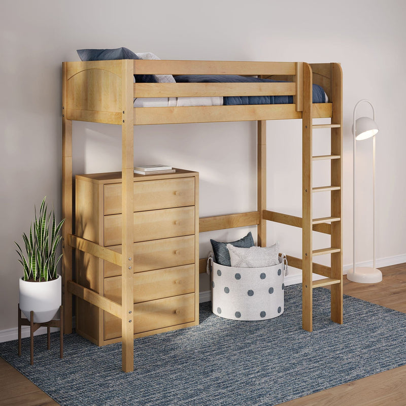 Natural wood loft bed with built-in dresser and ladder, navy bedding, storage basket, floor lamp and potted plant in kids bedroom