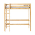 Natural light-wood loft bed frame with ladder, upper bunk and white mattress — space-saving minimalist bedroom furniture
