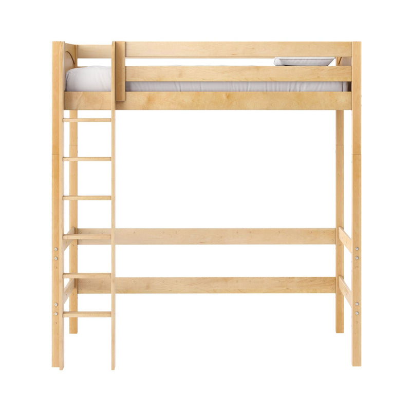Natural light-wood loft bed frame with ladder, upper bunk and white mattress — space-saving minimalist bedroom furniture