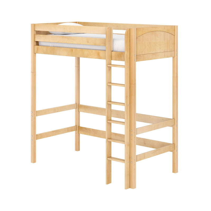 Natural maple twin loft bed with safety guardrails and integrated ladder, space-saving elevated bunk-style bed frame for kids