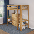 Solid wood loft bed with built-in dresser and ladder in kids' room, navy curtains, blue rug, potted plant, space-saving storage