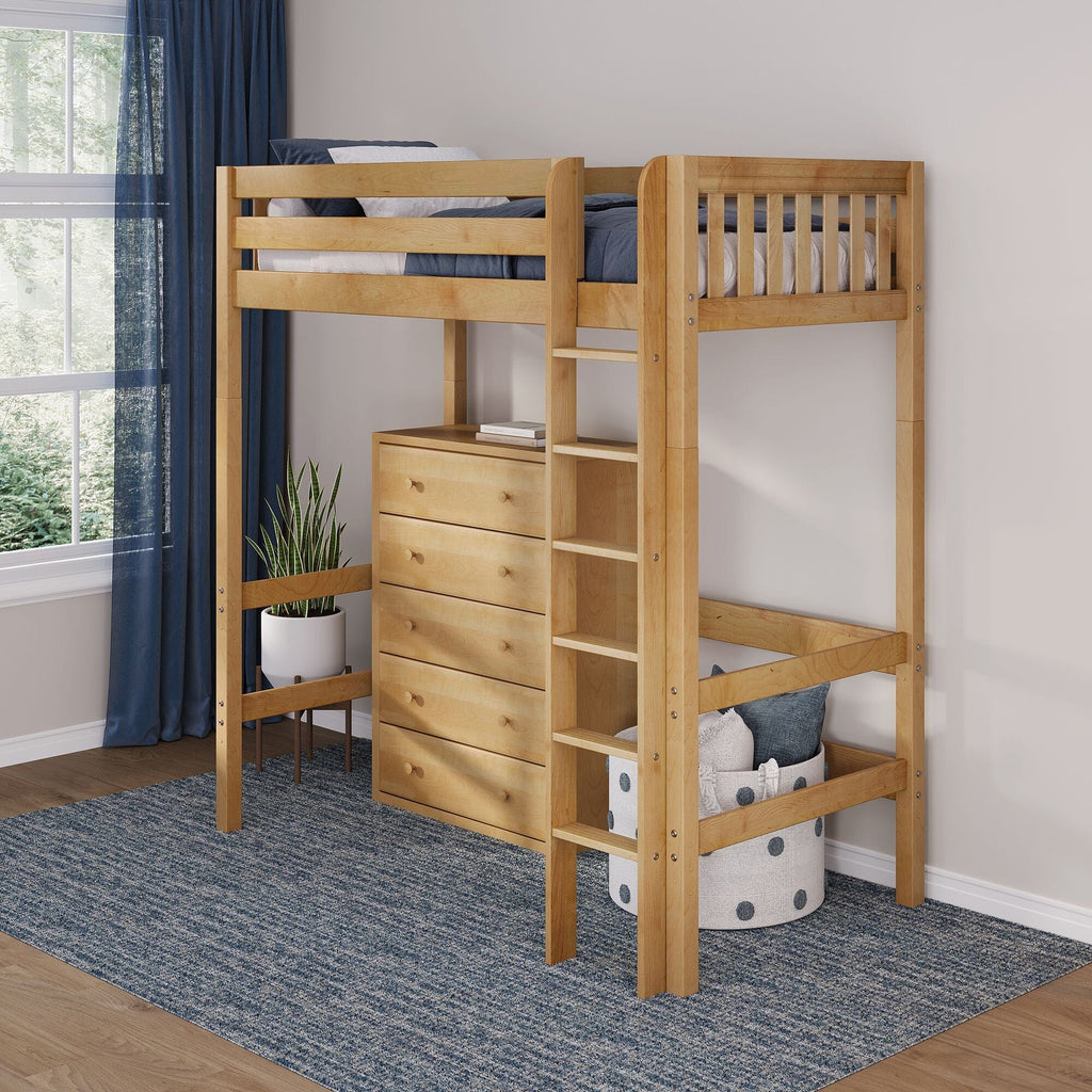 Solid wood loft bed with built-in dresser and ladder in kids' room, navy curtains, blue rug, potted plant, space-saving storage